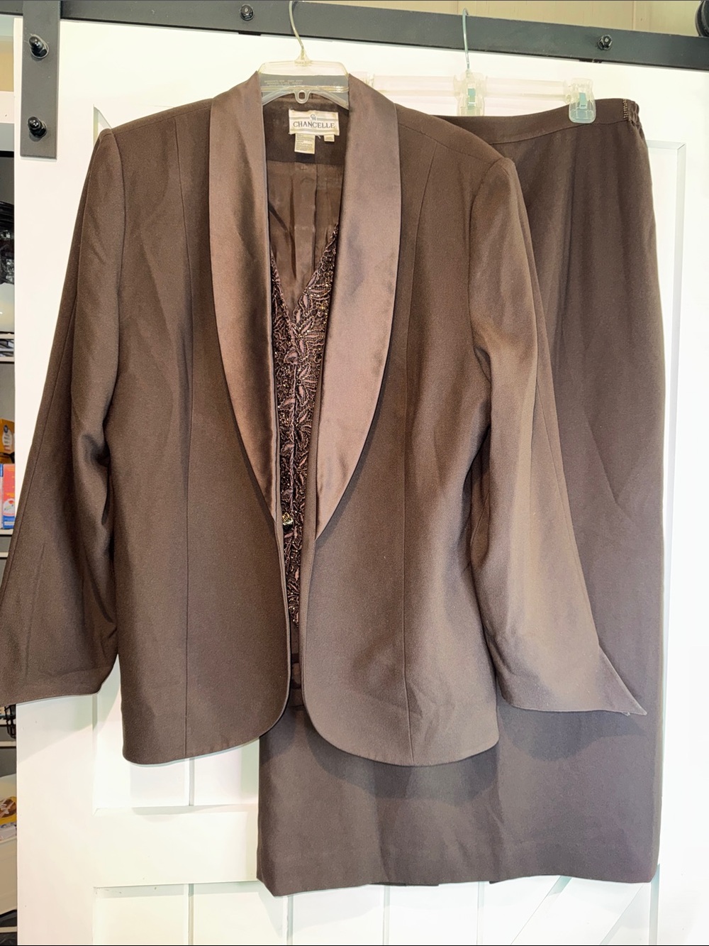Chantelle Brown Satin-Trim Two-Piece Skirt Suit
